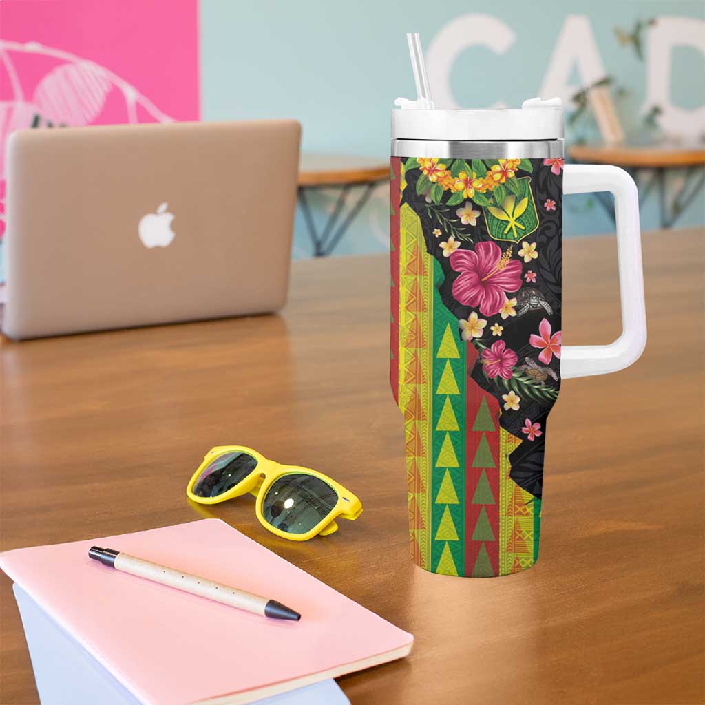 Hawaiian Independence Day Tumbler With Handle Kanaka Maoli Symbols With Tapa Motifs and Tropical Plants LT03 - Polynesian Pride