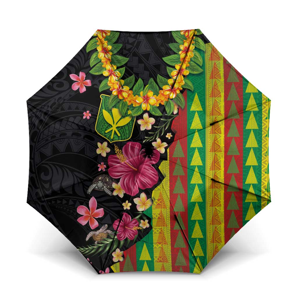 Hawaiian Independence Day Umbrella Kanaka Maoli Symbols With Tapa Motifs and Tropical Plants LT03 One Size Folded 11.42 inch Opened Diameter 37.4 inch Black - Polynesian Pride
