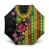 Hawaiian Independence Day Umbrella Kanaka Maoli Symbols With Tapa Motifs and Tropical Plants LT03 One Size Folded 11.42 inch Opened Diameter 37.4 inch Black - Polynesian Pride