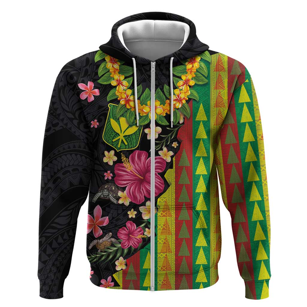 Hawaiian Independence Day Zip Hoodie Kanaka Maoli Symbols With Tapa Motifs and Tropical Plants LT03 Zip Hoodie Black - Polynesian Pride