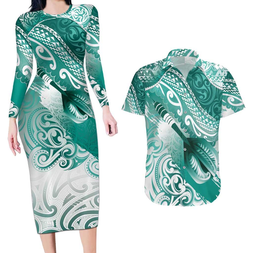 Personalised New Zealand Aotearoa Darts Masters Couples Matching Long Sleeve Bodycon Dress and Hawaiian Shirt Maori Art Tattoo with Tribal Dart Symbol Teal Color LT03 Teal - Polynesian Pride