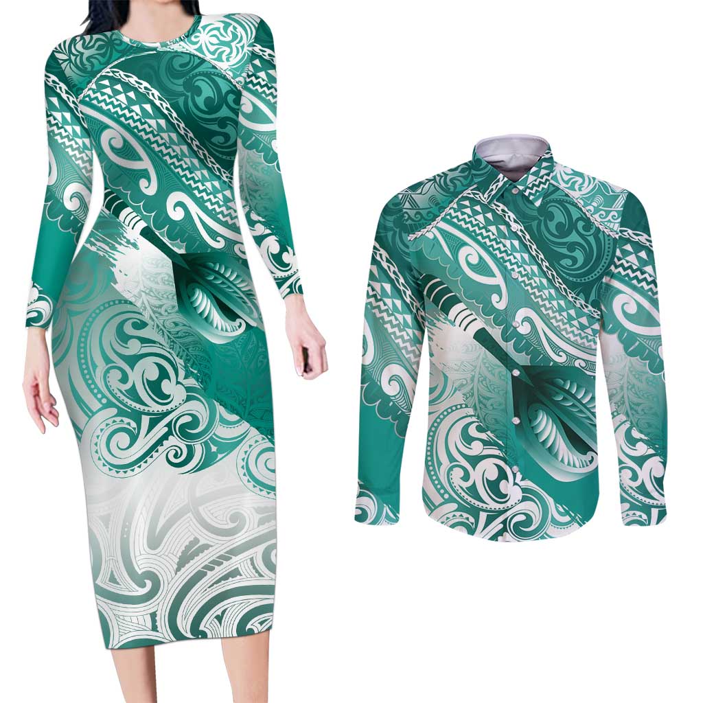 Personalised New Zealand Aotearoa Darts Masters Couples Matching Long Sleeve Bodycon Dress and Long Sleeve Button Shirt Maori Art Tattoo with Tribal Dart Symbol Teal Color LT03 Teal - Polynesian Pride
