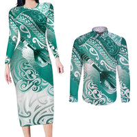 Personalised New Zealand Aotearoa Darts Masters Couples Matching Long Sleeve Bodycon Dress and Long Sleeve Button Shirt Maori Art Tattoo with Tribal Dart Symbol Teal Color LT03 Teal - Polynesian Pride