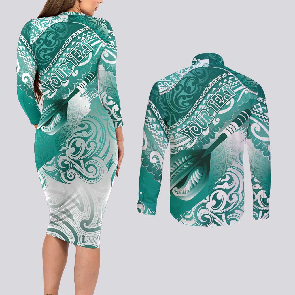 Personalised New Zealand Aotearoa Darts Masters Couples Matching Long Sleeve Bodycon Dress and Long Sleeve Button Shirt Maori Art Tattoo with Tribal Dart Symbol Teal Color LT03 - Polynesian Pride