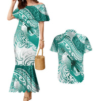Personalised New Zealand Aotearoa Darts Masters Couples Matching Mermaid Dress and Hawaiian Shirt Maori Art Tattoo with Tribal Dart Symbol Teal Color LT03 Teal - Polynesian Pride