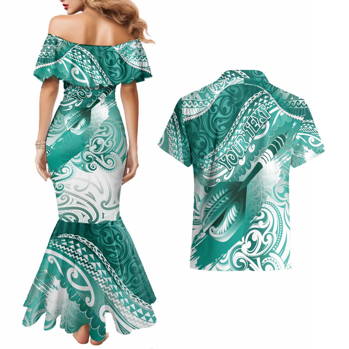 Personalised New Zealand Aotearoa Darts Masters Couples Matching Mermaid Dress and Hawaiian Shirt Maori Art Tattoo with Tribal Dart Symbol Teal Color LT03 - Polynesian Pride