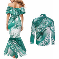 Personalised New Zealand Aotearoa Darts Masters Couples Matching Mermaid Dress and Long Sleeve Button Shirt Maori Art Tattoo with Tribal Dart Symbol Teal Color LT03 - Polynesian Pride