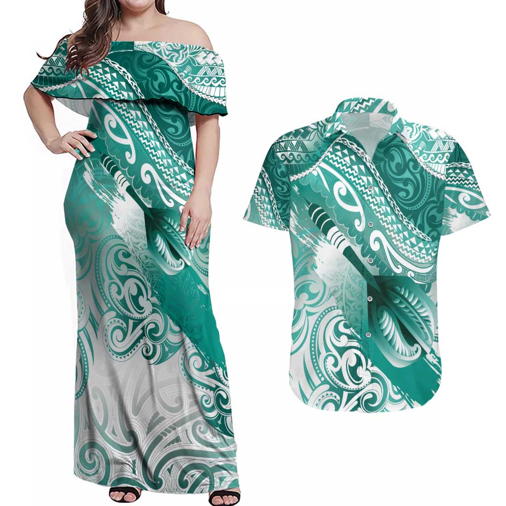 Personalised New Zealand Aotearoa Darts Masters Couples Matching Off Shoulder Maxi Dress and Hawaiian Shirt Maori Art Tattoo with Tribal Dart Symbol Teal Color LT03 Teal - Polynesian Pride