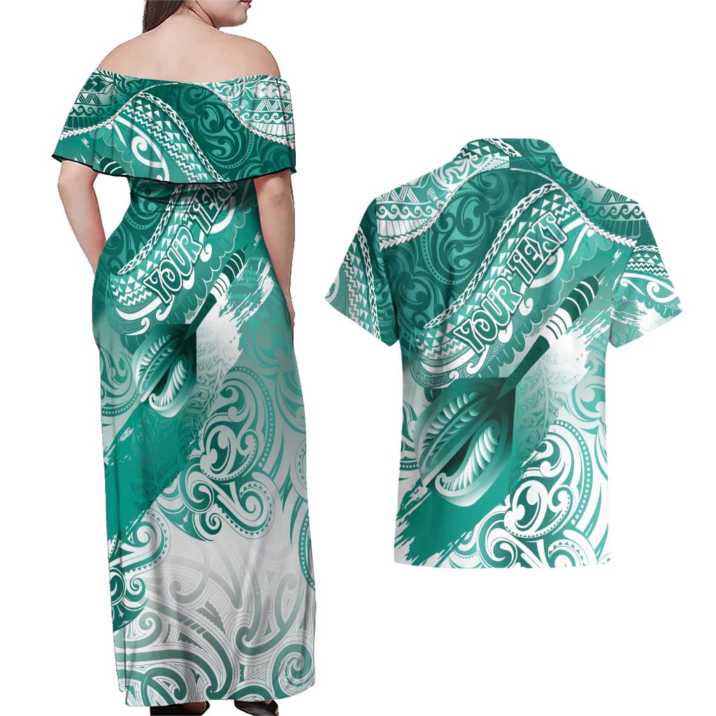 Personalised New Zealand Aotearoa Darts Masters Couples Matching Off Shoulder Maxi Dress and Hawaiian Shirt Maori Art Tattoo with Tribal Dart Symbol Teal Color LT03 - Polynesian Pride