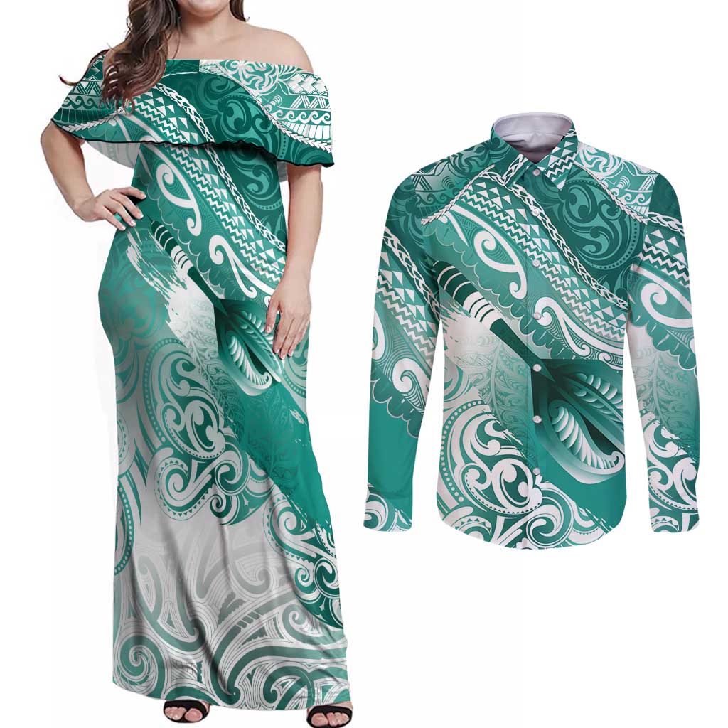 Personalised New Zealand Aotearoa Darts Masters Couples Matching Off Shoulder Maxi Dress and Long Sleeve Button Shirt Maori Art Tattoo with Tribal Dart Symbol Teal Color LT03 Teal - Polynesian Pride