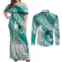 Personalised New Zealand Aotearoa Darts Masters Couples Matching Off Shoulder Maxi Dress and Long Sleeve Button Shirt Maori Art Tattoo with Tribal Dart Symbol Teal Color LT03 Teal - Polynesian Pride