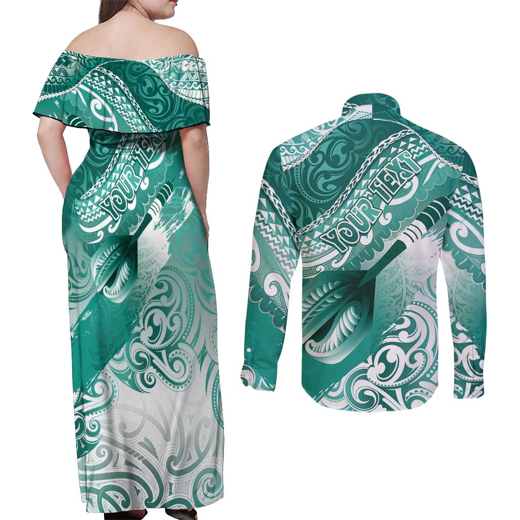 Personalised New Zealand Aotearoa Darts Masters Couples Matching Off Shoulder Maxi Dress and Long Sleeve Button Shirt Maori Art Tattoo with Tribal Dart Symbol Teal Color LT03 - Polynesian Pride