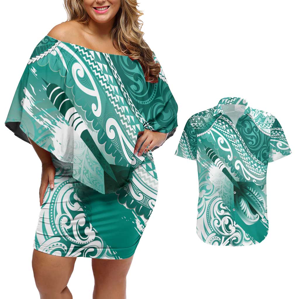 Personalised New Zealand Aotearoa Darts Masters Couples Matching Off Shoulder Short Dress and Hawaiian Shirt Maori Art Tattoo with Tribal Dart Symbol Teal Color LT03 Teal - Polynesian Pride