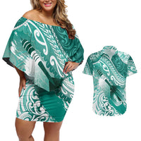 Personalised New Zealand Aotearoa Darts Masters Couples Matching Off Shoulder Short Dress and Hawaiian Shirt Maori Art Tattoo with Tribal Dart Symbol Teal Color LT03 Teal - Polynesian Pride