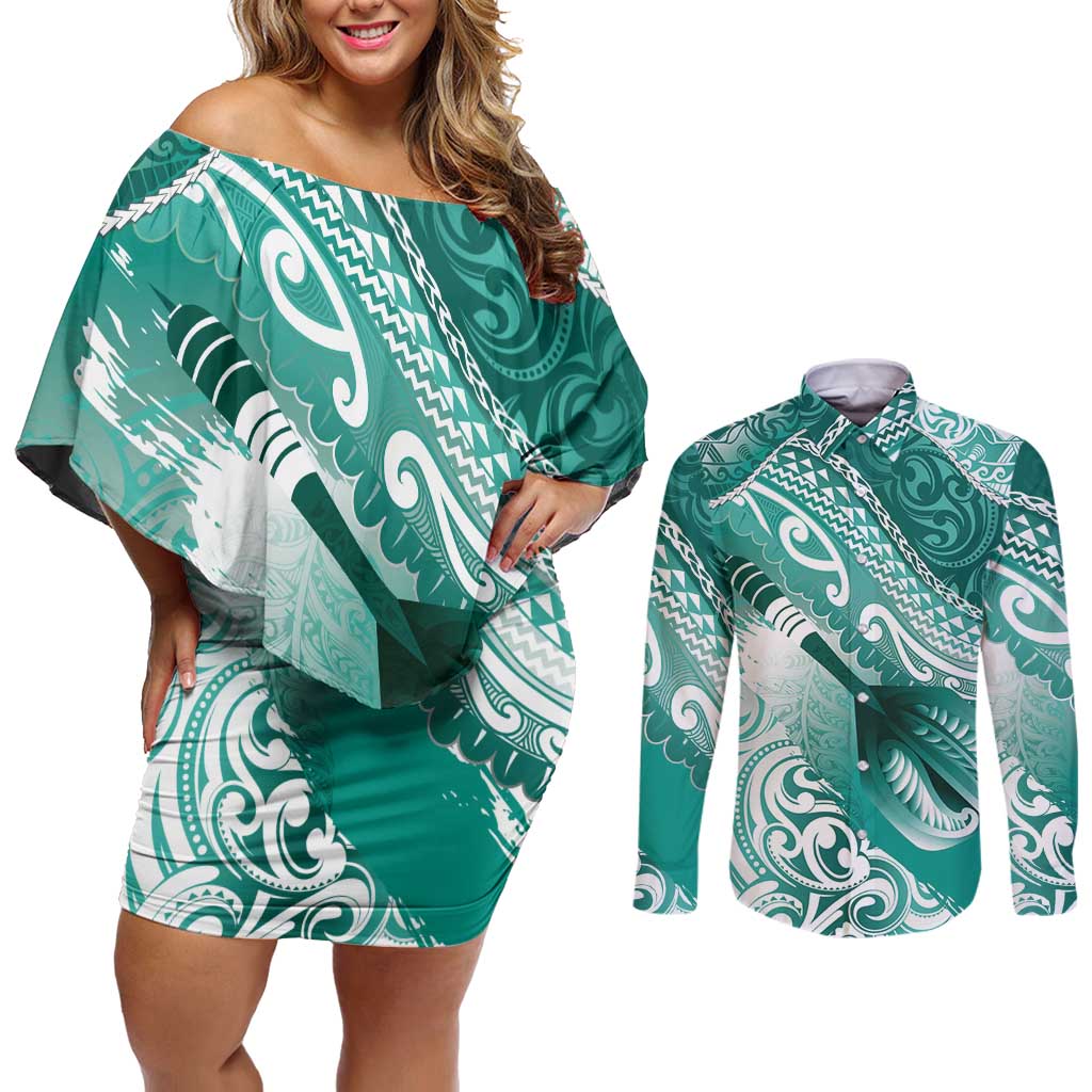 Personalised New Zealand Aotearoa Darts Masters Couples Matching Off Shoulder Short Dress and Long Sleeve Button Shirt Maori Art Tattoo with Tribal Dart Symbol Teal Color LT03 Teal - Polynesian Pride