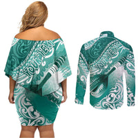 Personalised New Zealand Aotearoa Darts Masters Couples Matching Off Shoulder Short Dress and Long Sleeve Button Shirt Maori Art Tattoo with Tribal Dart Symbol Teal Color LT03 - Polynesian Pride