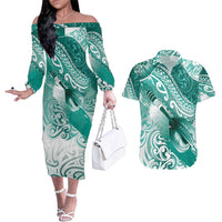 Personalised New Zealand Aotearoa Darts Masters Couples Matching Off The Shoulder Long Sleeve Dress and Hawaiian Shirt Maori Art Tattoo with Tribal Dart Symbol Teal Color LT03 Teal - Polynesian Pride