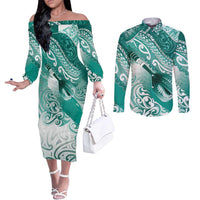 Personalised New Zealand Aotearoa Darts Masters Couples Matching Off The Shoulder Long Sleeve Dress and Long Sleeve Button Shirt Maori Art Tattoo with Tribal Dart Symbol Teal Color LT03 Teal - Polynesian Pride