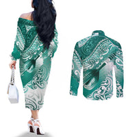 Personalised New Zealand Aotearoa Darts Masters Couples Matching Off The Shoulder Long Sleeve Dress and Long Sleeve Button Shirt Maori Art Tattoo with Tribal Dart Symbol Teal Color LT03 - Polynesian Pride