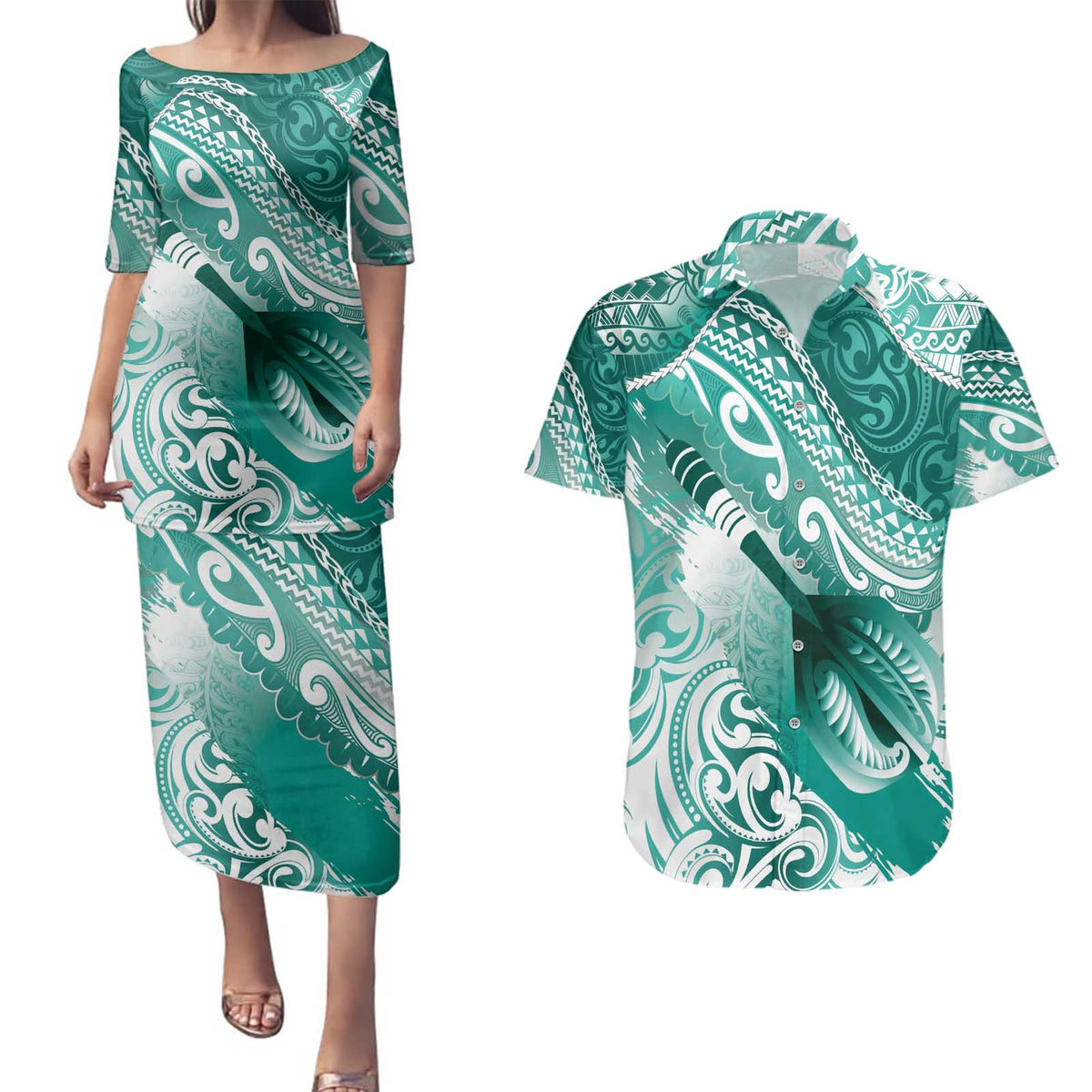 Personalised New Zealand Aotearoa Darts Masters Couples Matching Puletasi and Hawaiian Shirt Maori Art Tattoo with Tribal Dart Symbol Teal Color LT03 Teal - Polynesian Pride