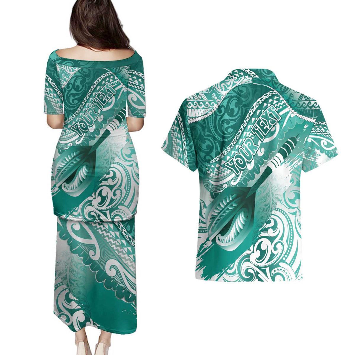 Personalised New Zealand Aotearoa Darts Masters Couples Matching Puletasi and Hawaiian Shirt Maori Art Tattoo with Tribal Dart Symbol Teal Color LT03 - Polynesian Pride