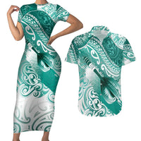 Personalised New Zealand Aotearoa Darts Masters Couples Matching Short Sleeve Bodycon Dress and Hawaiian Shirt Maori Art Tattoo with Tribal Dart Symbol Teal Color LT03 Teal - Polynesian Pride