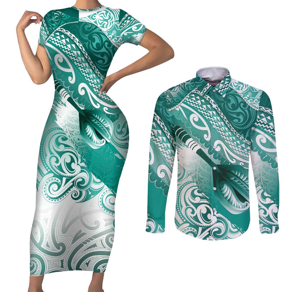 Personalised New Zealand Aotearoa Darts Masters Couples Matching Short Sleeve Bodycon Dress and Long Sleeve Button Shirt Maori Art Tattoo with Tribal Dart Symbol Teal Color LT03 Teal - Polynesian Pride