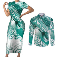 Personalised New Zealand Aotearoa Darts Masters Couples Matching Short Sleeve Bodycon Dress and Long Sleeve Button Shirt Maori Art Tattoo with Tribal Dart Symbol Teal Color LT03 Teal - Polynesian Pride