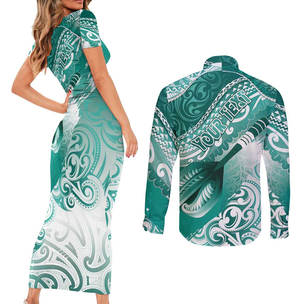 Personalised New Zealand Aotearoa Darts Masters Couples Matching Short Sleeve Bodycon Dress and Long Sleeve Button Shirt Maori Art Tattoo with Tribal Dart Symbol Teal Color LT03 - Polynesian Pride