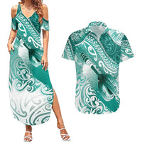 Personalised New Zealand Aotearoa Darts Masters Couples Matching Summer Maxi Dress and Hawaiian Shirt Maori Art Tattoo with Tribal Dart Symbol Teal Color LT03 Teal - Polynesian Pride