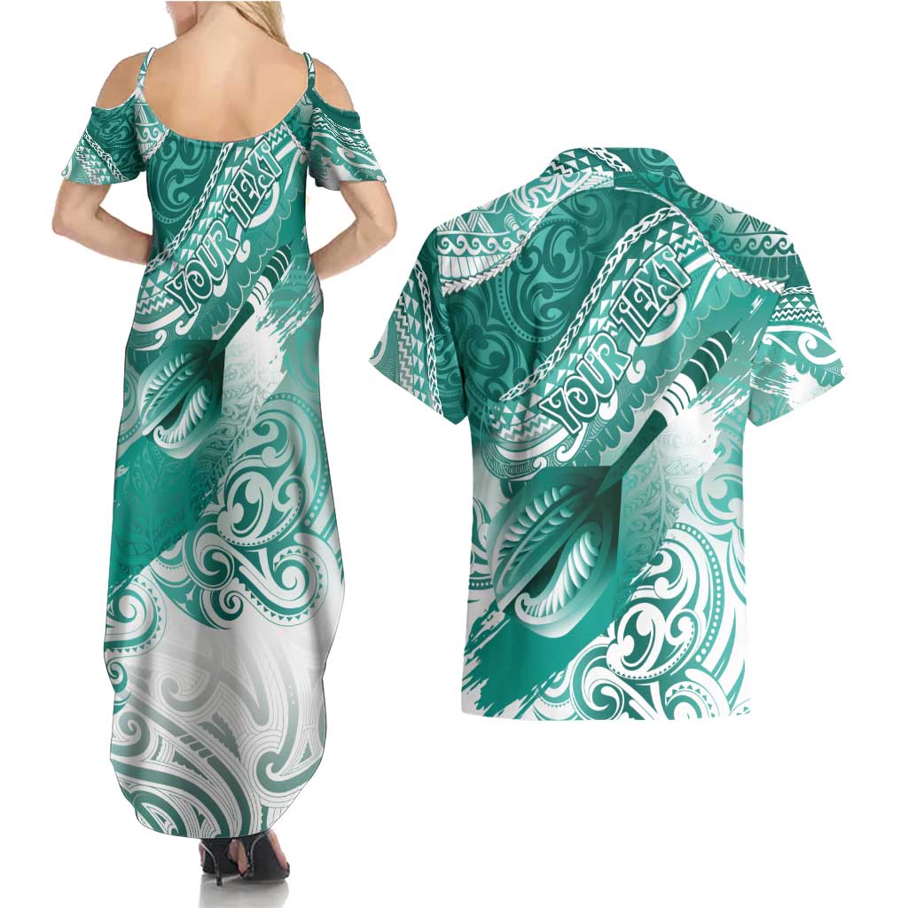 Personalised New Zealand Aotearoa Darts Masters Couples Matching Summer Maxi Dress and Hawaiian Shirt Maori Art Tattoo with Tribal Dart Symbol Teal Color LT03 - Polynesian Pride