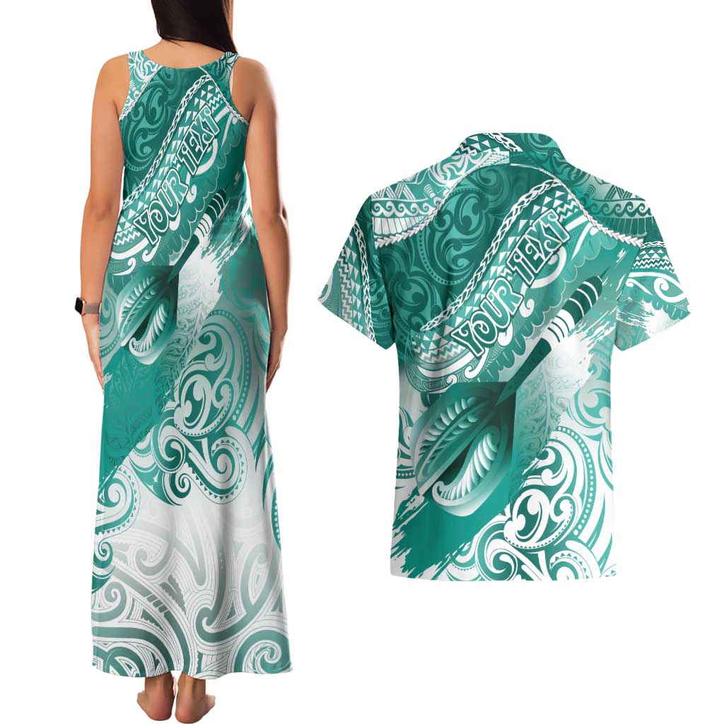 Personalised New Zealand Aotearoa Darts Masters Couples Matching Tank Maxi Dress and Hawaiian Shirt Maori Art Tattoo with Tribal Dart Symbol Teal Color LT03 - Polynesian Pride