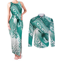 Personalised New Zealand Aotearoa Darts Masters Couples Matching Tank Maxi Dress and Long Sleeve Button Shirt Maori Art Tattoo with Tribal Dart Symbol Teal Color LT03 Teal - Polynesian Pride