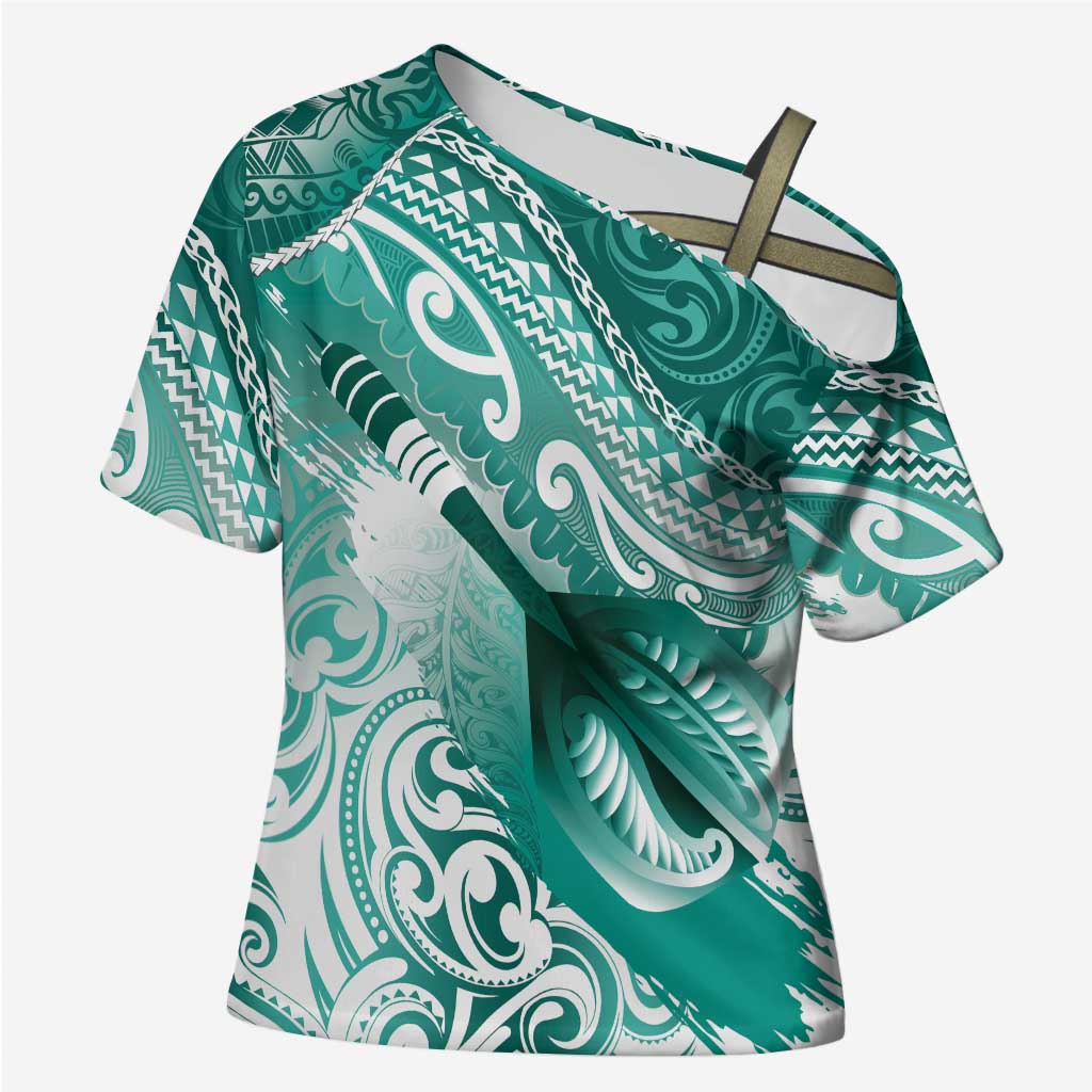 Personalised New Zealand Aotearoa Darts Masters Cross Shoulder Shirt Maori Art Tattoo with Tribal Dart Symbol Teal Color LT03 Female Teal - Polynesian Pride