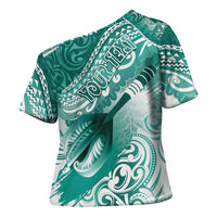 Personalised New Zealand Aotearoa Darts Masters Cross Shoulder Shirt Maori Art Tattoo with Tribal Dart Symbol Teal Color LT03 - Polynesian Pride