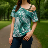 Personalised New Zealand Aotearoa Darts Masters Cross Shoulder Shirt Maori Art Tattoo with Tribal Dart Symbol Teal Color LT03 - Polynesian Pride