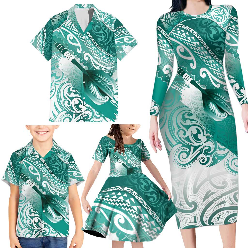 Personalised New Zealand Aotearoa Darts Masters Family Matching Long Sleeve Bodycon Dress and Hawaiian Shirt Maori Art Tattoo with Tribal Dart Symbol Teal Color LT03 - Polynesian Pride