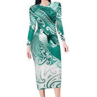 Personalised New Zealand Aotearoa Darts Masters Family Matching Long Sleeve Bodycon Dress and Hawaiian Shirt Maori Art Tattoo with Tribal Dart Symbol Teal Color LT03 Mom's Dress Teal - Polynesian Pride