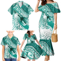 Personalised New Zealand Aotearoa Darts Masters Family Matching Mermaid Dress and Hawaiian Shirt Maori Art Tattoo with Tribal Dart Symbol Teal Color LT03 - Polynesian Pride