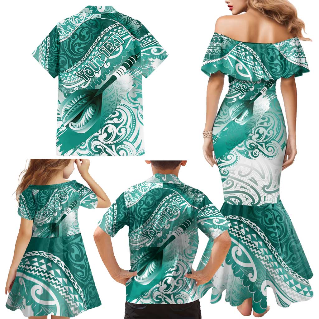 Personalised New Zealand Aotearoa Darts Masters Family Matching Mermaid Dress and Hawaiian Shirt Maori Art Tattoo with Tribal Dart Symbol Teal Color LT03 - Polynesian Pride