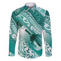 Personalised New Zealand Aotearoa Darts Masters Family Matching Mermaid Dress and Hawaiian Shirt Maori Art Tattoo with Tribal Dart Symbol Teal Color LT03 Dad's Shirt - Long Sleeve Teal - Polynesian Pride