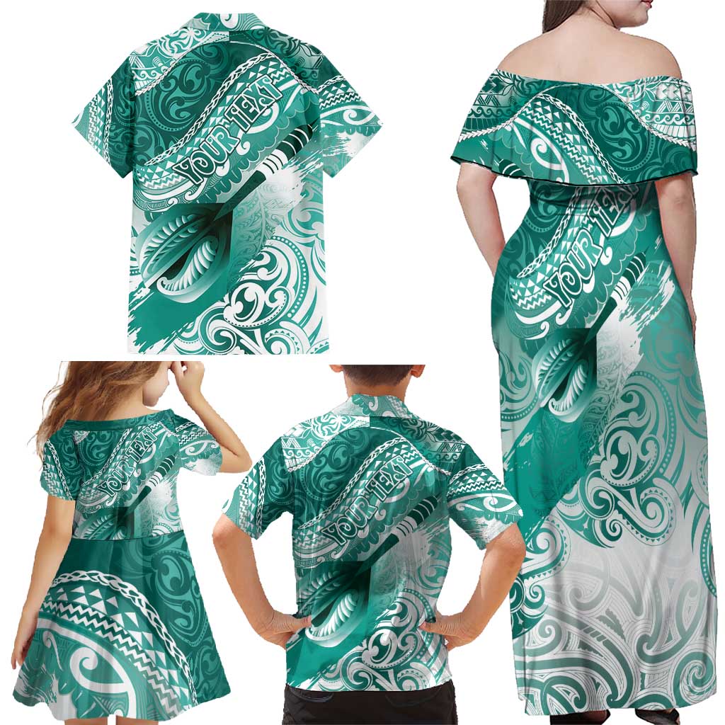 Personalised New Zealand Aotearoa Darts Masters Family Matching Off Shoulder Maxi Dress and Hawaiian Shirt Maori Art Tattoo with Tribal Dart Symbol Teal Color LT03 - Polynesian Pride