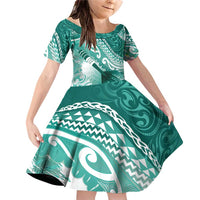 Personalised New Zealand Aotearoa Darts Masters Family Matching Off Shoulder Short Dress and Hawaiian Shirt Maori Art Tattoo with Tribal Dart Symbol Teal Color LT03 Daughter's Dress Teal - Polynesian Pride