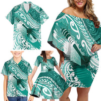 Personalised New Zealand Aotearoa Darts Masters Family Matching Off Shoulder Short Dress and Hawaiian Shirt Maori Art Tattoo with Tribal Dart Symbol Teal Color LT03 - Polynesian Pride