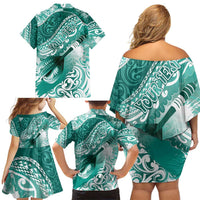 Personalised New Zealand Aotearoa Darts Masters Family Matching Off Shoulder Short Dress and Hawaiian Shirt Maori Art Tattoo with Tribal Dart Symbol Teal Color LT03 - Polynesian Pride