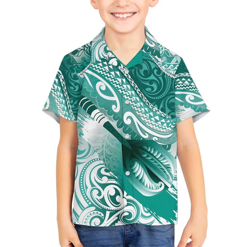 Personalised New Zealand Aotearoa Darts Masters Family Matching Off Shoulder Short Dress and Hawaiian Shirt Maori Art Tattoo with Tribal Dart Symbol Teal Color LT03 Son's Shirt Teal - Polynesian Pride