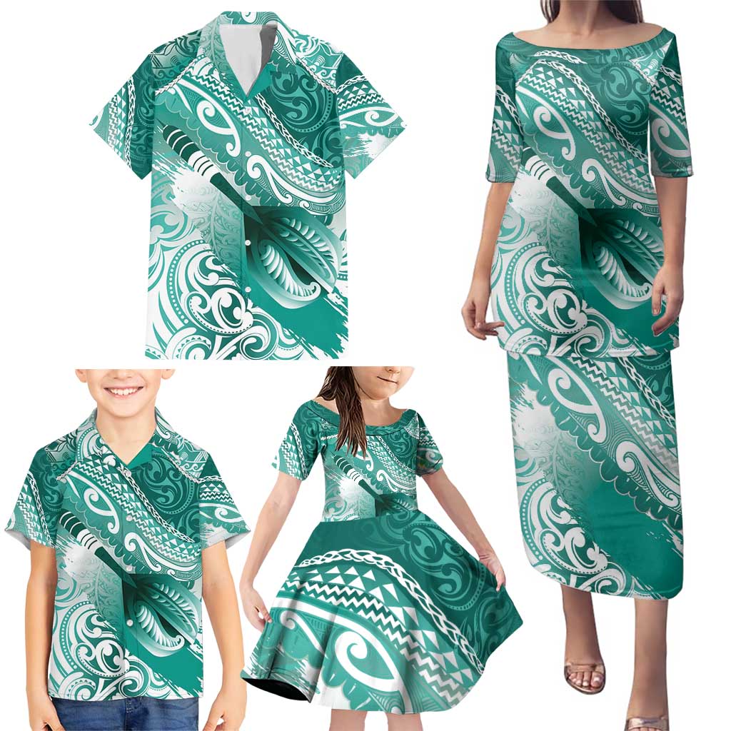 Personalised New Zealand Aotearoa Darts Masters Family Matching Puletasi and Hawaiian Shirt Maori Art Tattoo with Tribal Dart Symbol Teal Color - Polynesian Pride
