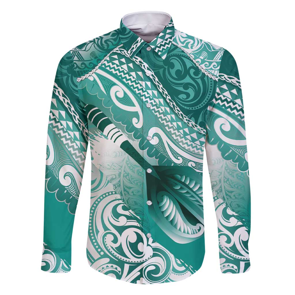 Personalised New Zealand Aotearoa Darts Masters Family Matching Short Sleeve Bodycon Dress and Hawaiian Shirt Maori Art Tattoo with Tribal Dart Symbol Teal Color LT03 Dad's Shirt - Long Sleeve Teal - Polynesian Pride