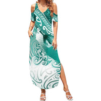 Personalised New Zealand Aotearoa Darts Masters Family Matching Summer Maxi Dress and Hawaiian Shirt Maori Art Tattoo with Tribal Dart Symbol Teal Color LT03 Mom's Dress Teal - Polynesian Pride