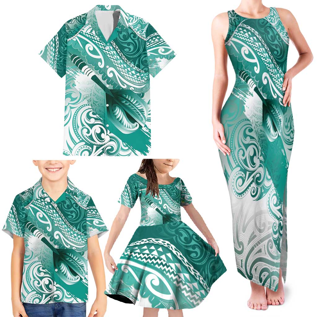 Personalised New Zealand Aotearoa Darts Masters Family Matching Tank Maxi Dress and Hawaiian Shirt Maori Art Tattoo with Tribal Dart Symbol Teal Color LT03 - Polynesian Pride